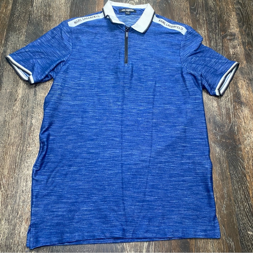 Karl Lagerfeld Polo Shirt Men’s Small Blue White Quarter Zip Textured EUC